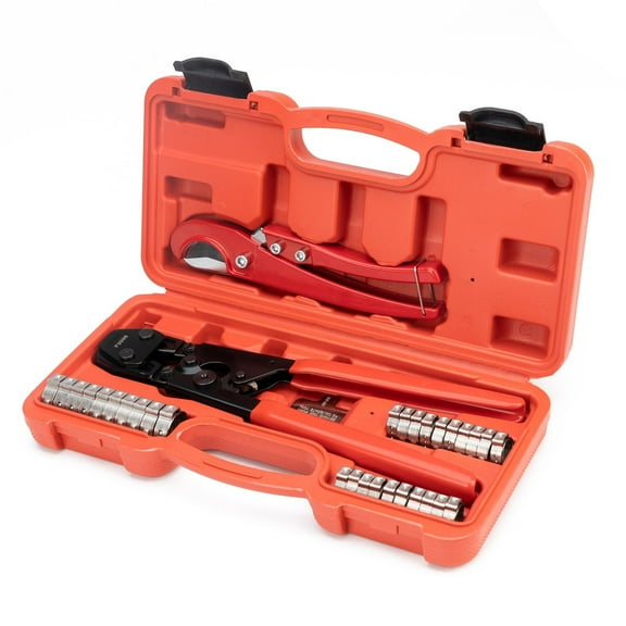 KIT-1096D PEX Clamp Tool Kit for 3/8 to 1 inch PEX Cinch Clamps, with 20pcs 1/2 inch & 10pcs 3/4 inch PEX Cinch Clamp Rings, PEX Tubing Cutter, All-in-one PEX Crimping Tool Kit