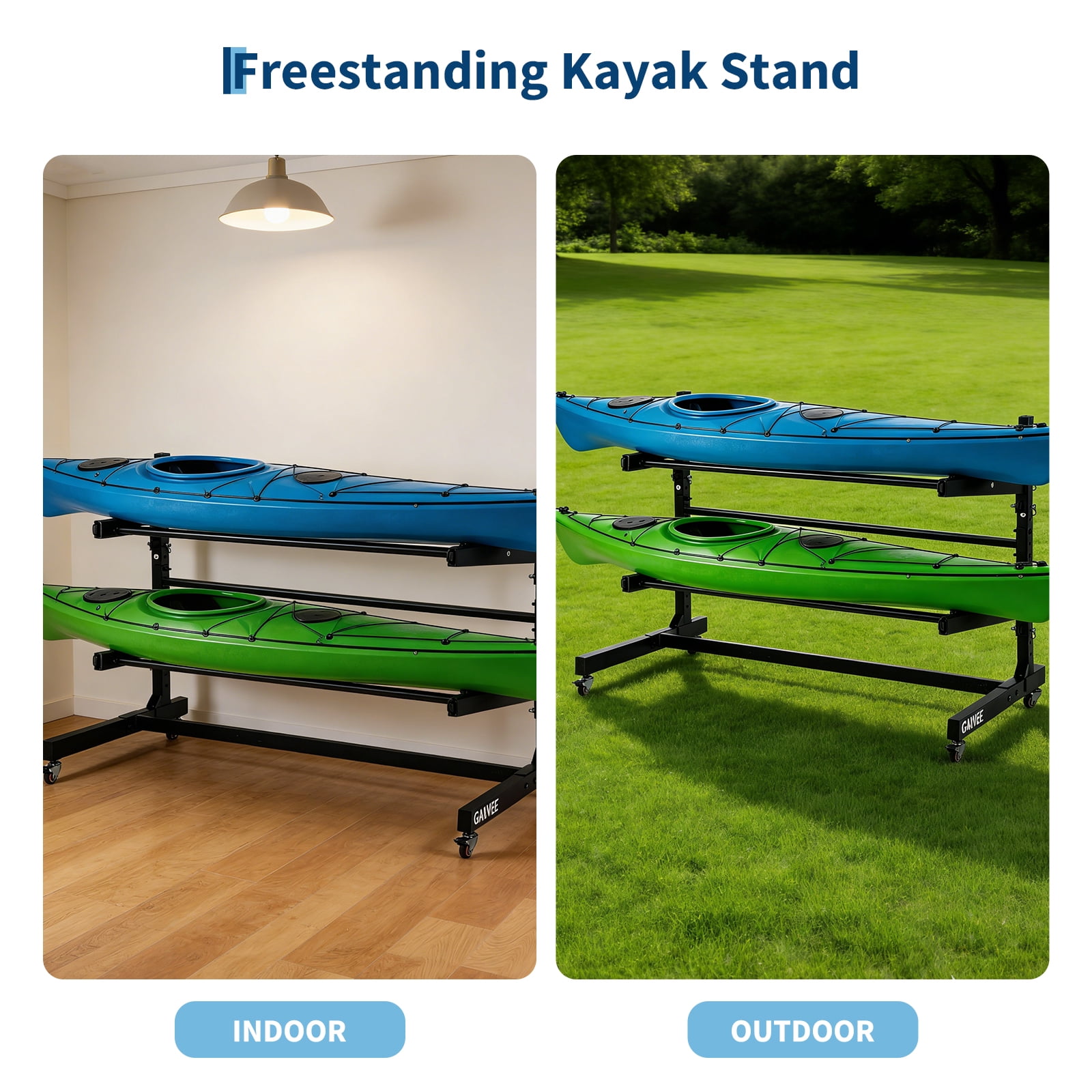 Heavy Duty 2-Tier Freestanding Kayak Storage Rack with Adjustable Wheels – Metal Stand Compatible with Kayaks, Canoes, SUPs, Surfboards – Indoor/Outdoor Garage Organizer, Portable, Rust-Resistant,