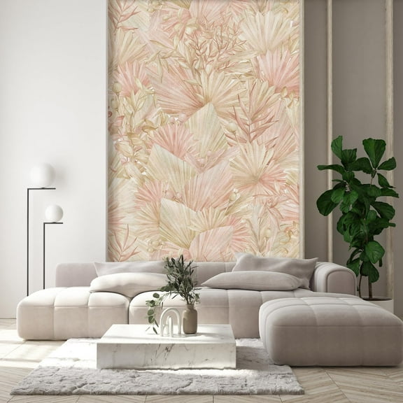 Idea4wall 2pcs Pastel Soft and Elegant Palm Leaves Gold & Pink Botanical Wall Murals, Removable Self-Adhesive Stick Wallpaper Large Wall Stickers for Home Decorative, 48"x108"