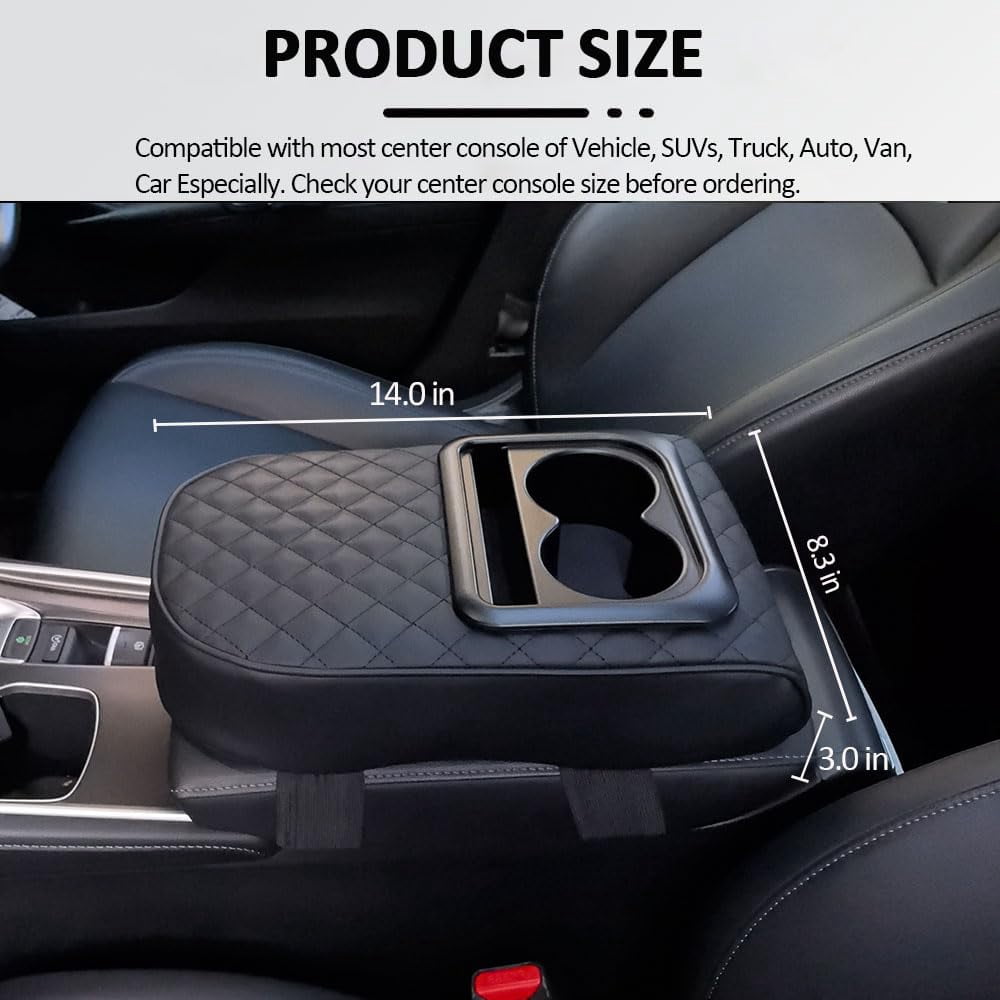 GUANGHUI Auto Center Console Armrest Pillow, Leather Car Armrest Cushion with Cup Holder, Phone Holder, Universal Car Armrest Box Cover Protector Car Interior Accessories for Most Vehicles (BLACK)