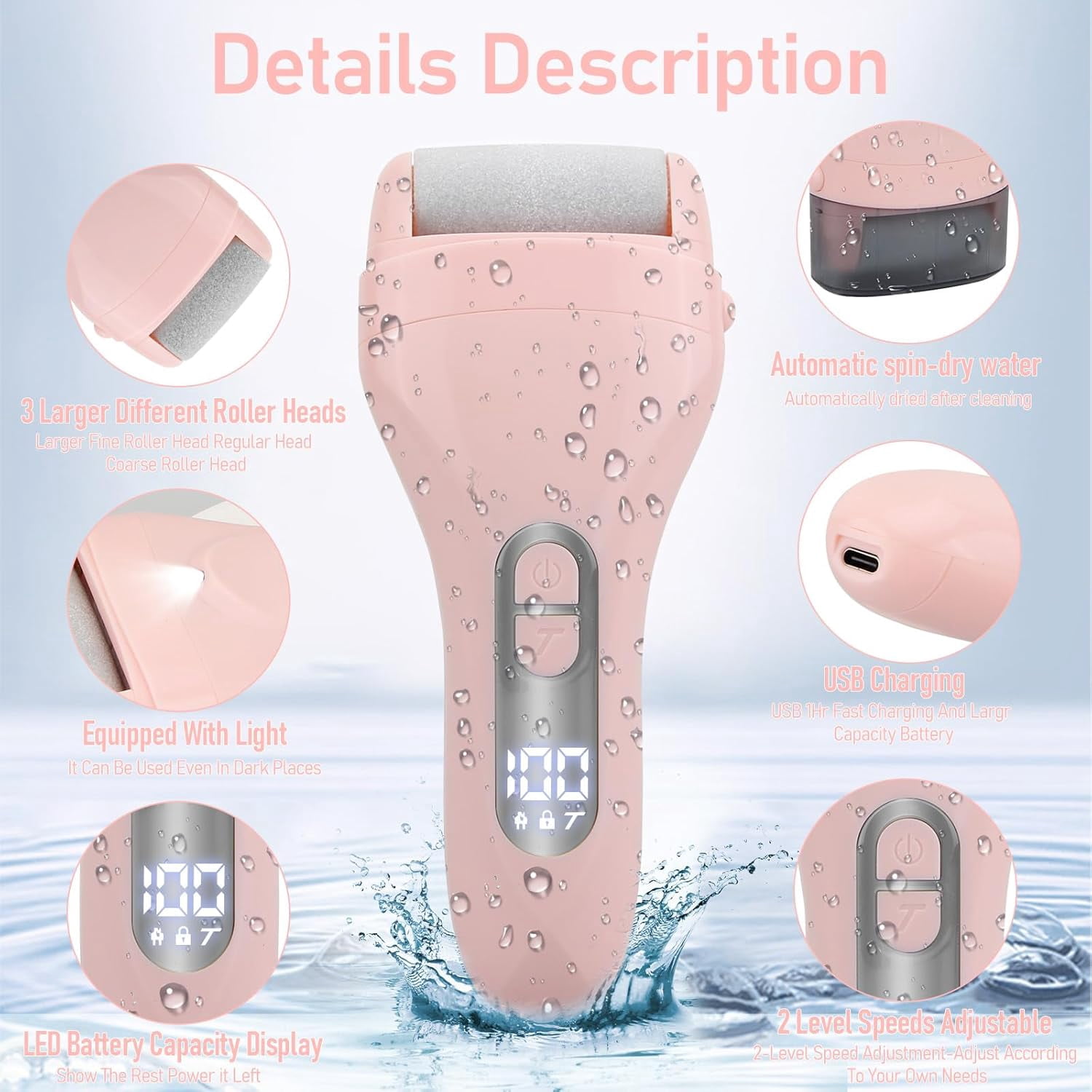 Electric Callus Remover for Feet - with 9pcs Larger Grinding Head, Portable Pedicure Kit Foot File Callus Remover, Rechargeable Waterproof Foot File for Foot Care Deadskin Remover LCD Display-Pink