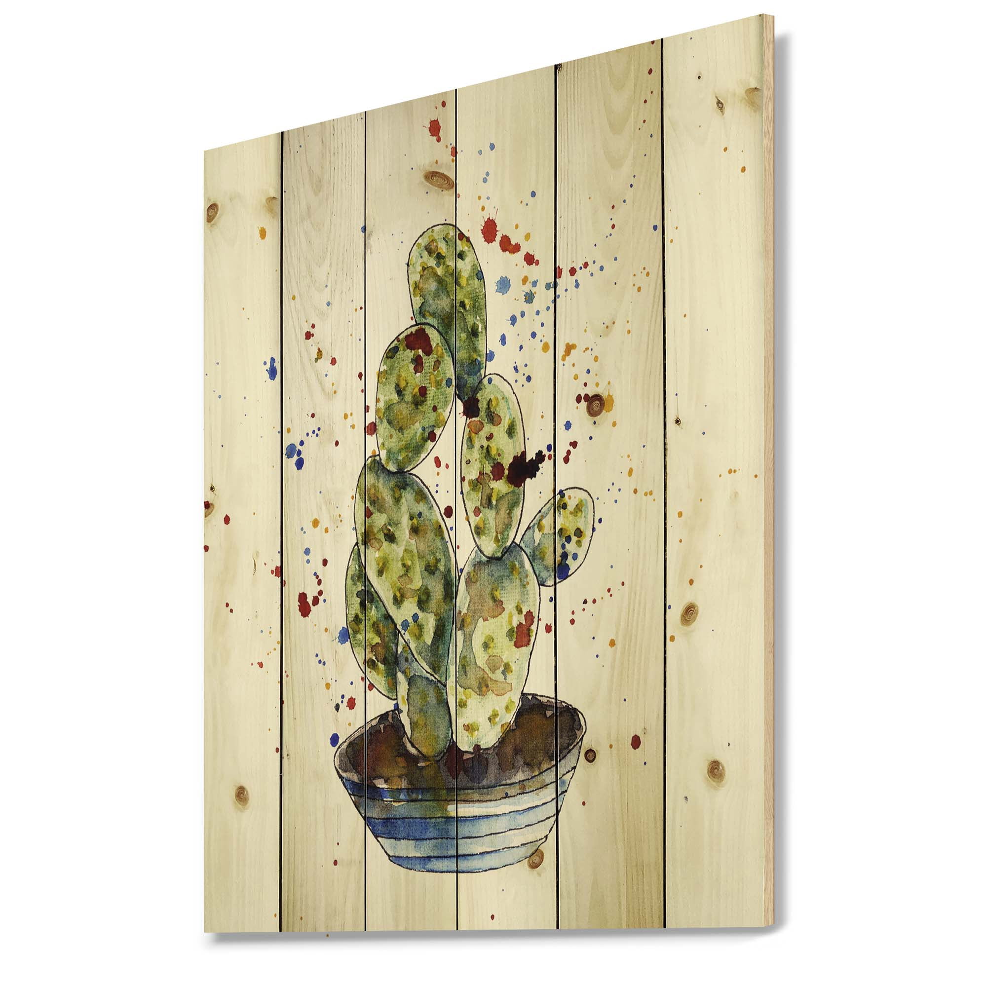 Designart 'Abstract Cactus Houseplant' Botanical Print on Natural Pine Wood