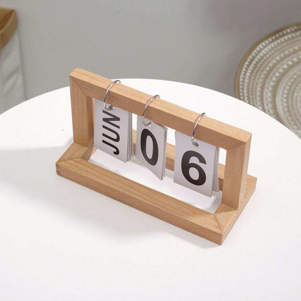 Flip Perpetual Reusable Calendar, Wood Vintage Desktop Standing