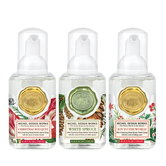 Michel Design Works Design Mini Savon Moussant Lot de 3, 17.8oz Chacun, Bouquet de Noël, Épicéa Blanc, Joy au Monde Parfum et Beurre de Karité et Aloe Vera, Conteneur Carré Classique avec Pompe