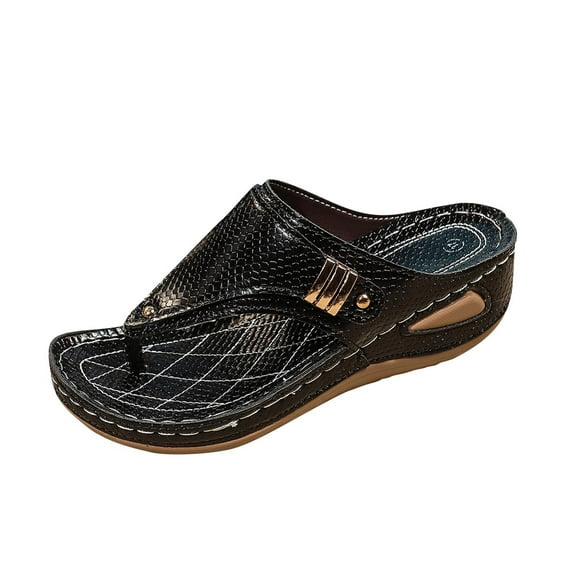 RUIYANQI Women's Toe Post Wedge Sandals Snakeskin Pattern Adjustable Buckle Slide Shoes Comfortable Platform Footwear for Summer Beach Casual Daily Wear Solid Colors