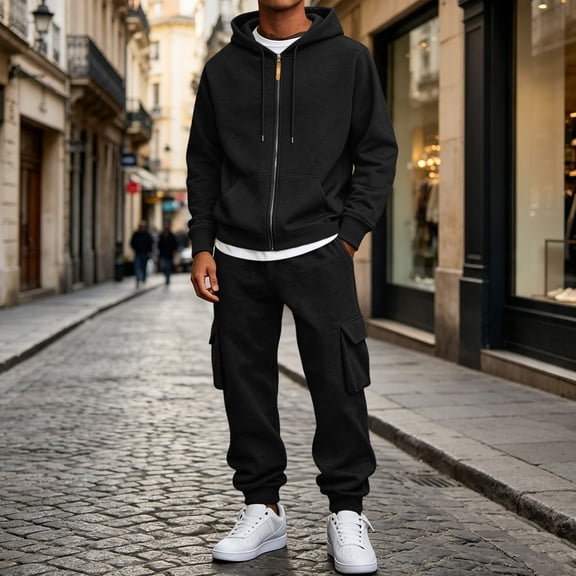 SELONE Mens 2 Piece Sets Joggers Big and Tall Full Zipper Hoodies Solid Cargo Pant with Pockets Fall Fashion Tracksuit