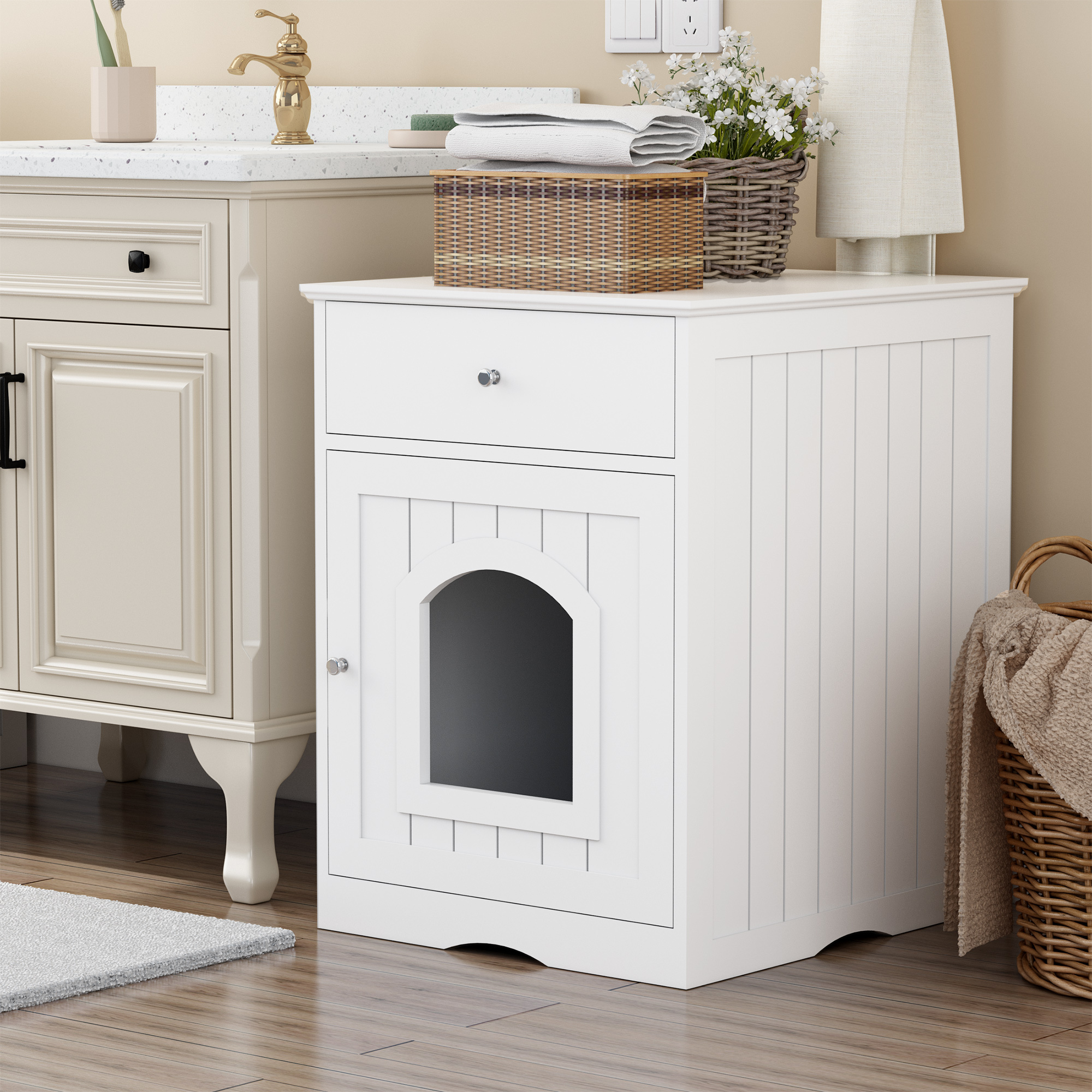 Leumius Wooden Pet House Cat Litter Box Enclosure with Drawer, Side Table, Indoor Pet Crate, Cat Home Nightstand (White)