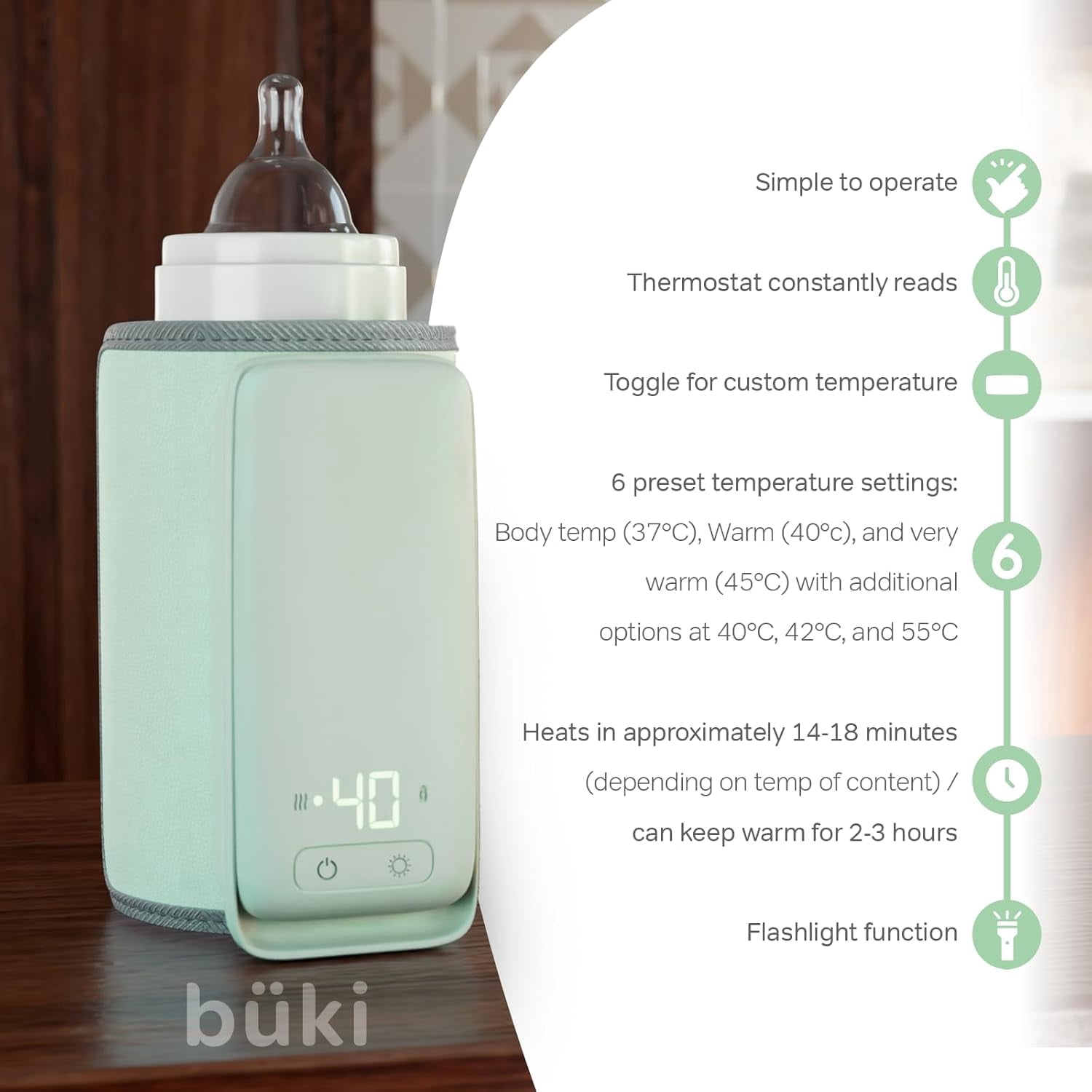 Büki Portable Bottle Warmer for Breastmilk or Baby Formula, Fast-Heating, Leak-Proof, Rechargeable