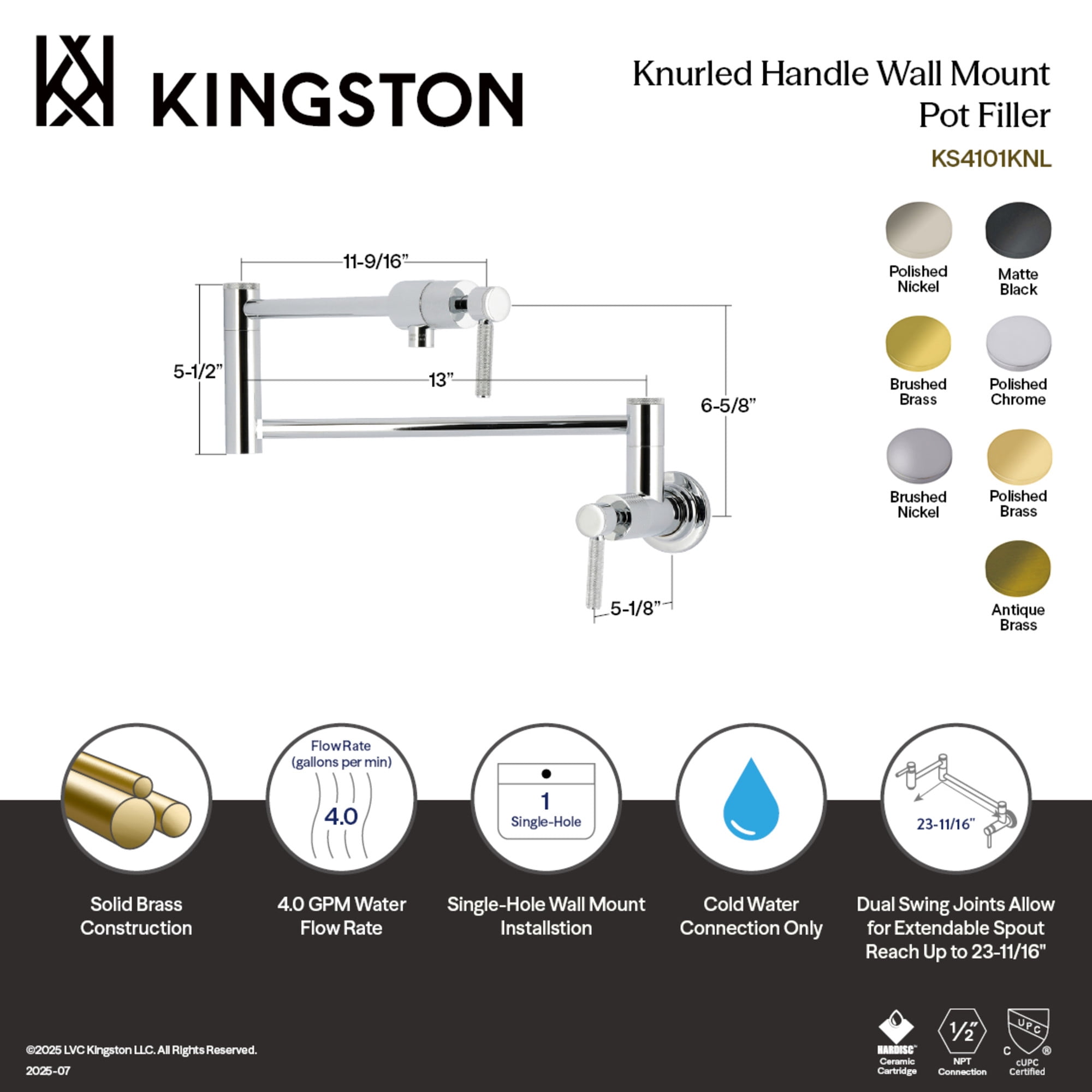 Kingston Brass KS4102KNL Convergent Two-Handle 1-Hole Wall Mount Pot Filler Faucet with Knurled Handle in Polished Brass