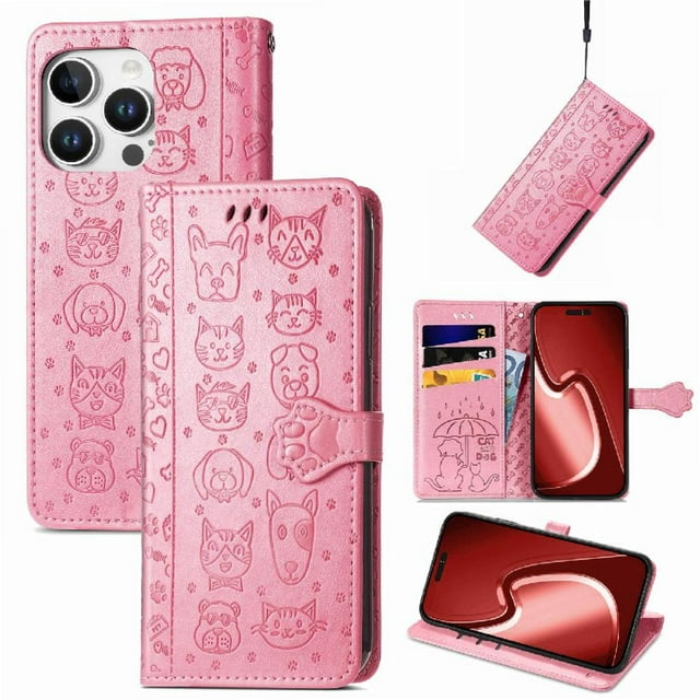 Funda Cartera FOXDOCK para iPhone 16 Pro Max , Flip PU con Relieve de Gatos y Perros, Tarjetero y Soporte