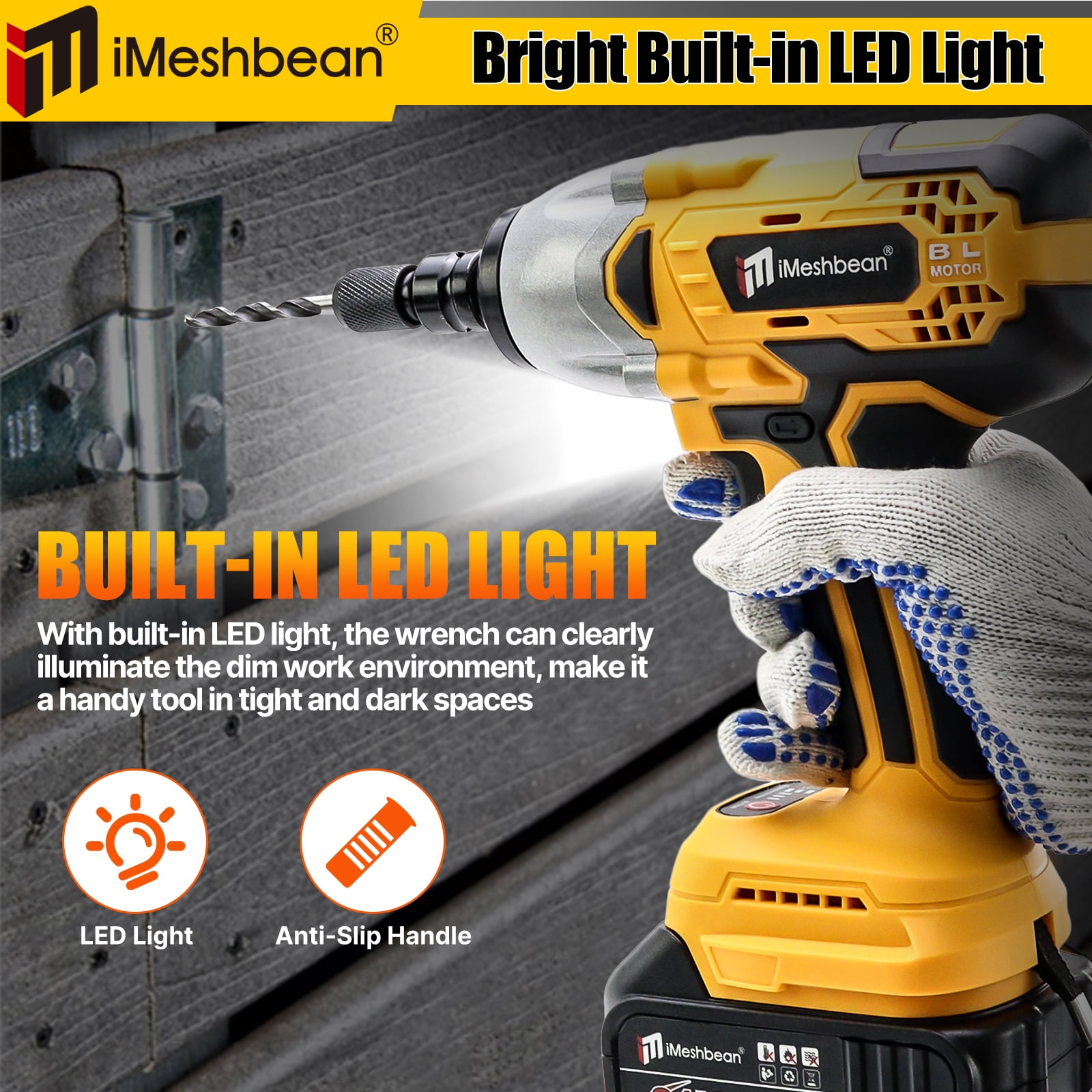 iMeshbean 1/2" Cordless Electric Impact Wrench Brushless Motor High Power Driver W/ 21V Li-ion Battery Fit For Dewalt