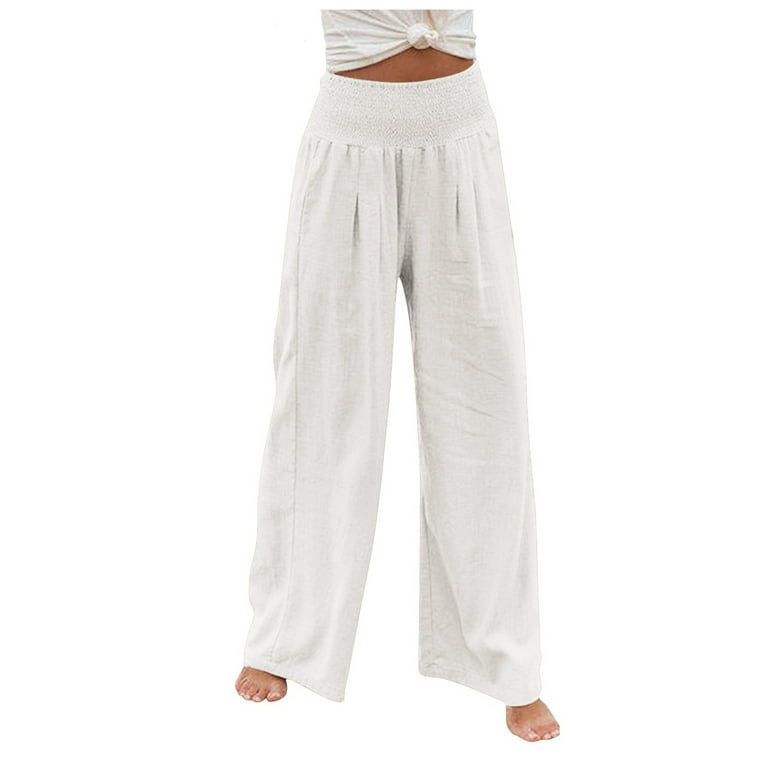 Women Linen Pants Elastic High Waist Wide Leg Palazzo Lounge Pants Casual  Loose Beach Pants with Pockets