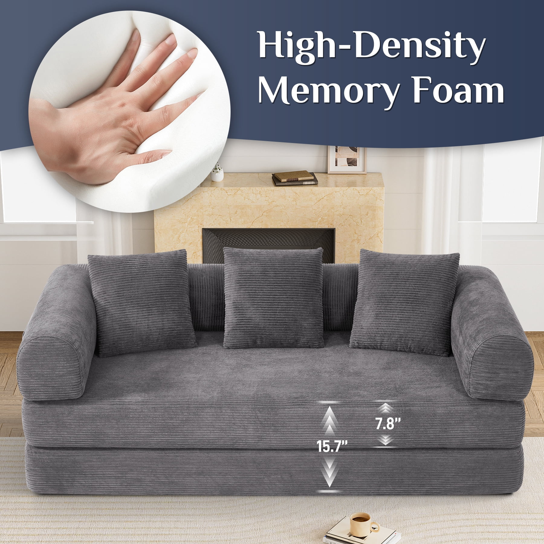 Wiilayok 78.5" Convertible Sofa Bed,Modular Corduroy Futon Sofa Couch with Pillow, 3 Seater Sofa for Living Room, Bedroom,Gray