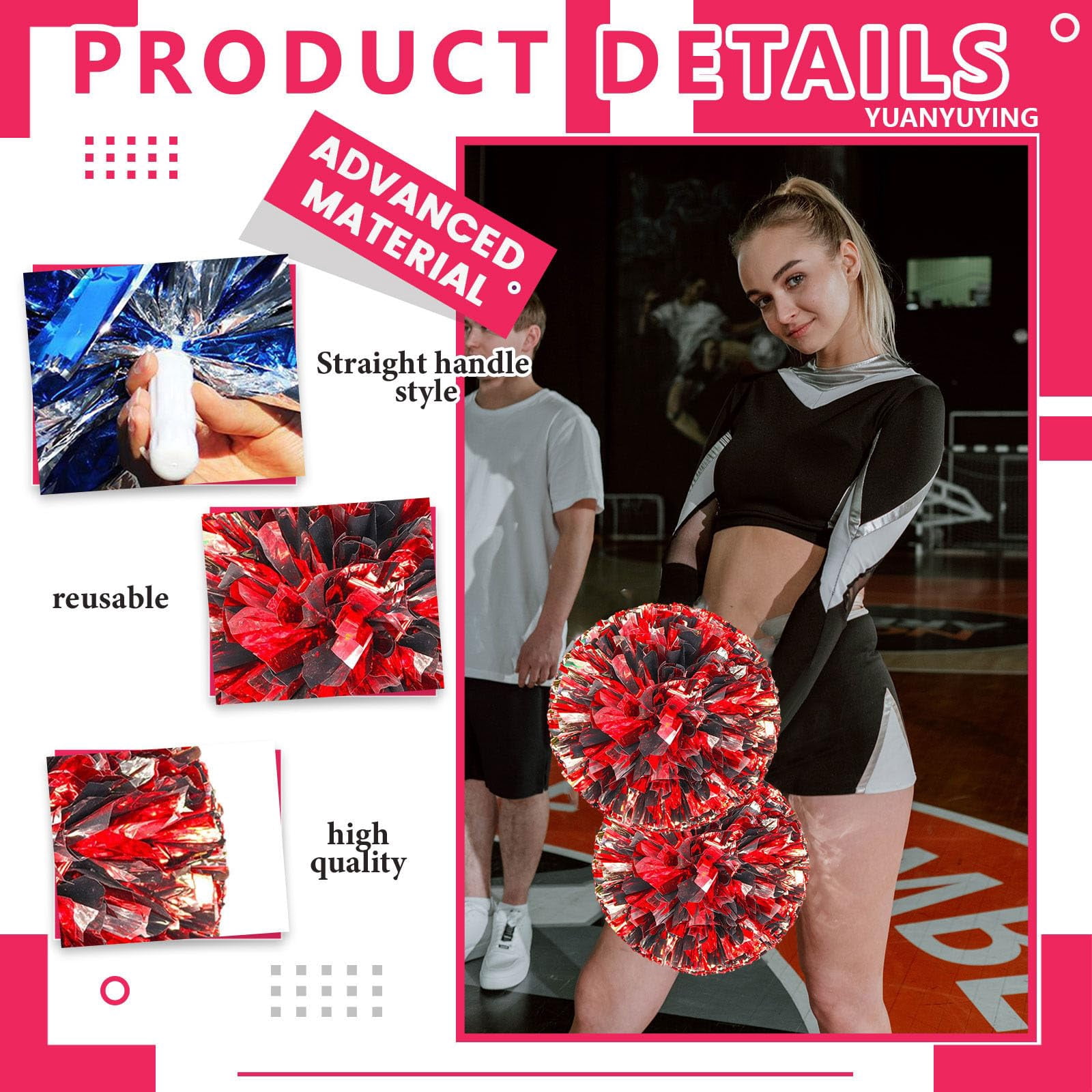 Cheerleading Pom Poms 18 Pcs with Straight Handle, Handheld Squad Pompoms for Sports Team Cheer Spirit Games, Dance Party Adults