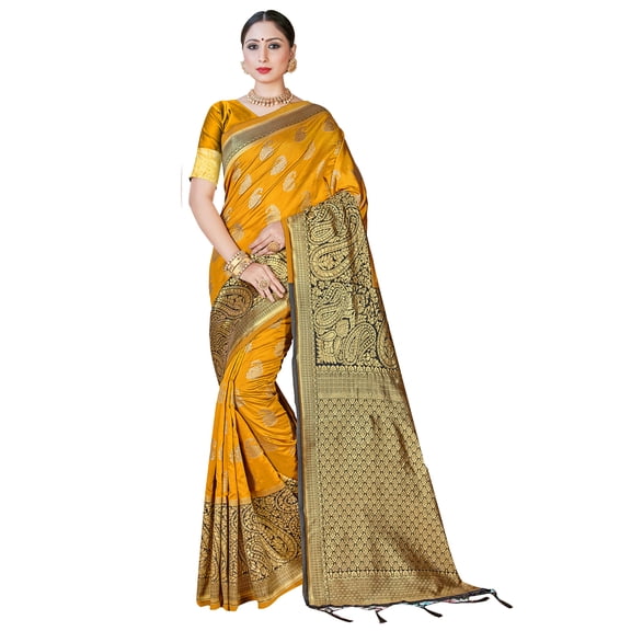 Sarees for Women Banarasi Art Silk Woven Sari - Indian Diwali Gift Rakhi Festival Saree & Unstitched Blouse Mustard