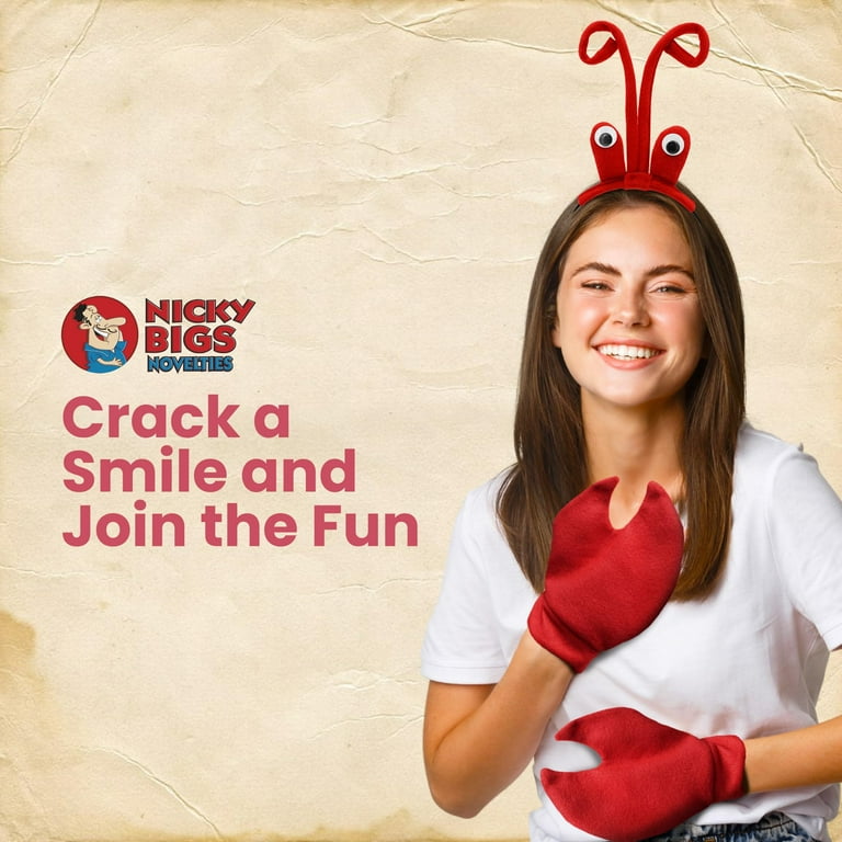 Nicky Bigs Novelties - Lobster Headband with Eyeballs, Adult Crab Costume Women and Men, Crawfish Headband and Claws, Crab Gloves Crawfish Hat Lobster Halloween Costume Set Red, One Size