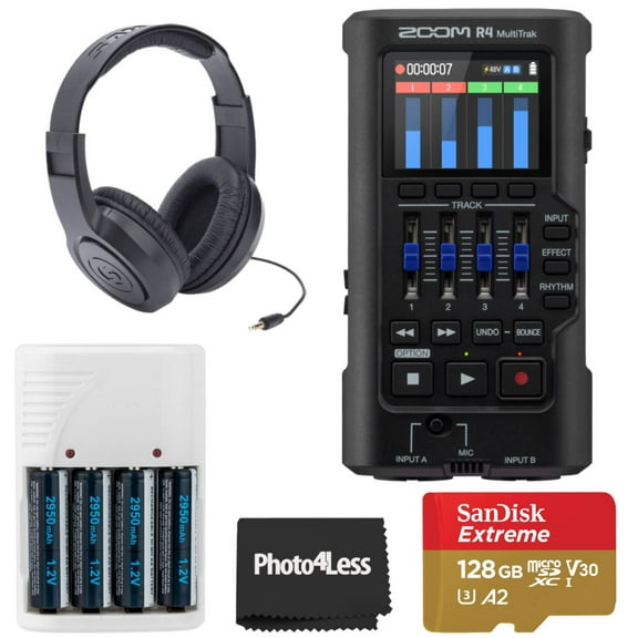 Zoom R4 MultiTrak 32-Bit Float Recorder with Stereo Bouncing Bundle with 128GB microSDXC Memory Card, Headphones, Batteries and Charger
