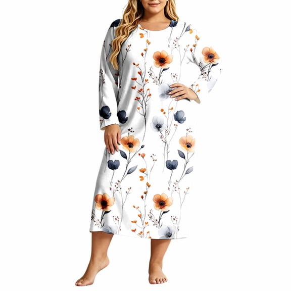 SAWOBUUN Women Plus Size Halloween Print Nightgown Long Sleeve Loose Casual Maxi Sleep Dress