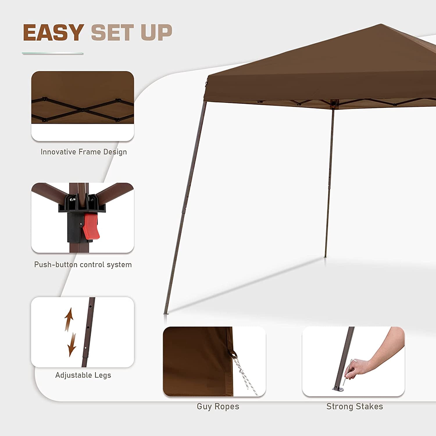 EAGLE PEAK 10x10ft Slant Leg Easy Setup Pop Up Canopy Tent with Mosquito Netting 64 sqft of Shade, Brown