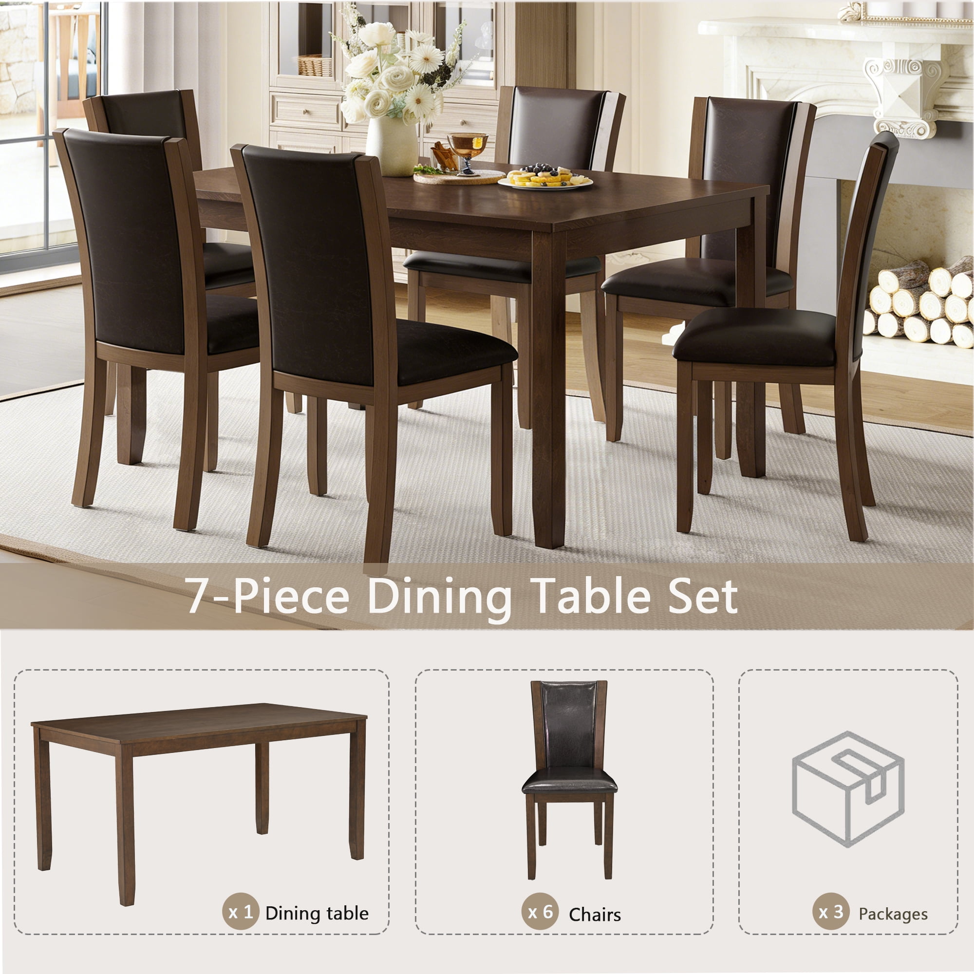 7-Piece Dining Table Set for 6, 58.5" Rectangular Dining Table with 6 Upholstered Chairs