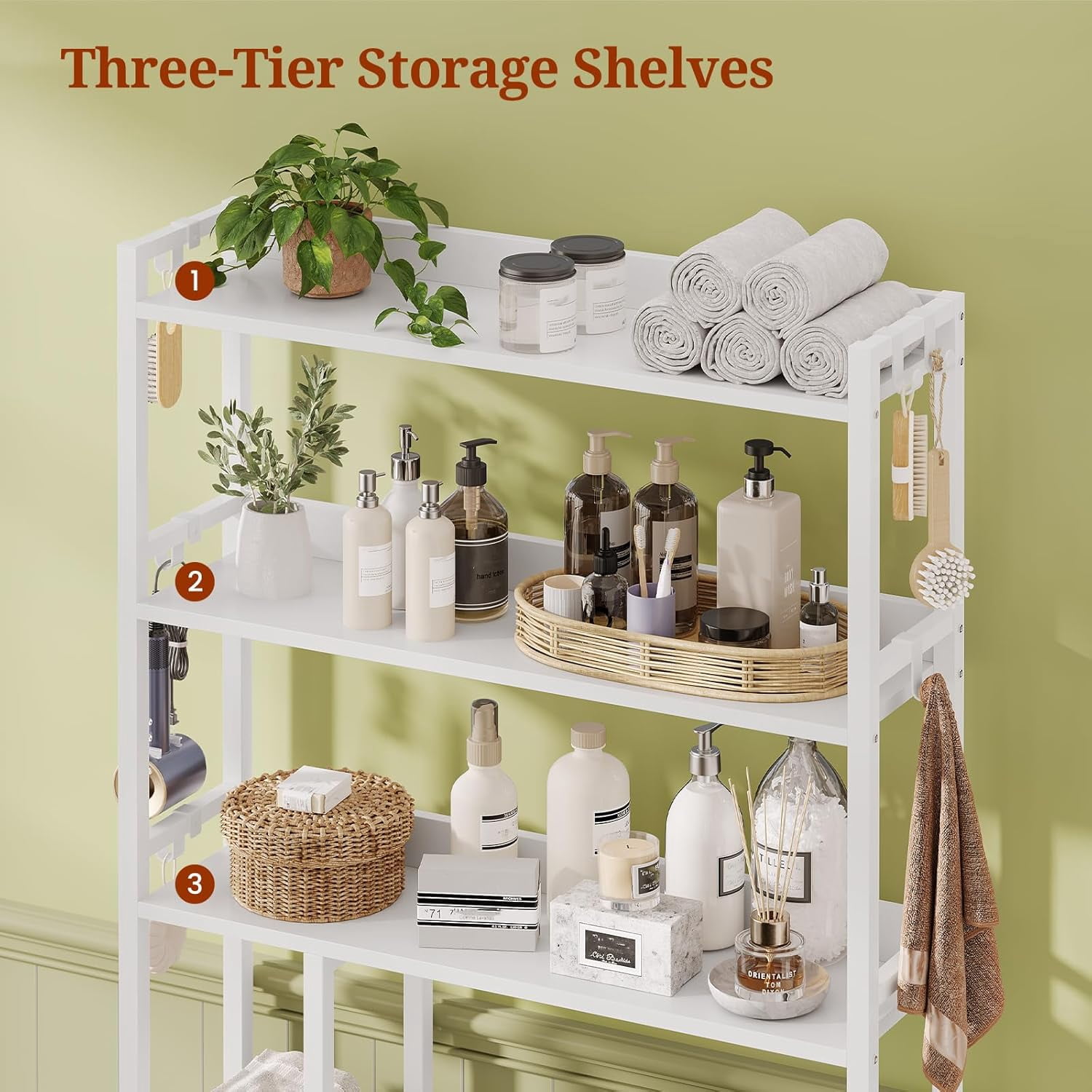 Weiplehoom Over the Toilet Storage Cabinet with Wheeled Drawer Trolley & 3-tier Open Shelves, Bathroom Organizer with 6 Hooks, Storage Rack for Restroom, Bathroom, Laundry, Plant Stand, White