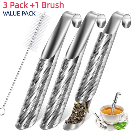 Emlimny 3 Pcs Tea Infuser and 1 Brush, Stainless Steel Tea Infuser Stick Pipe Tea Infuser for Loose Tea Leaf, Tea Infusers Pen with Hook