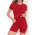thumbnail image 2 of PRINxy Women's Summer 2 Piece Outfit Short Sleeve Crew Neck Top Elastic Waist Pocket Shorts Casual Daily Loungewear Set Red S, 2 of 5