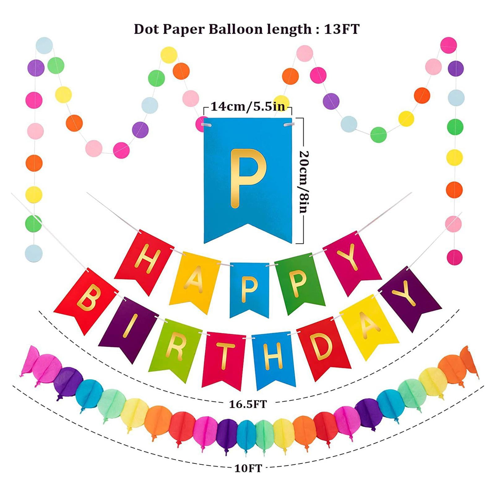PENGXIANG Happy Birthday Party Decorations - Happy Birthday and Circle Dots  Banner Colorful Birthday Balloons Paper Flowers Honeycomb Balls Swirl  Streamers for Birthday Party Decorations 