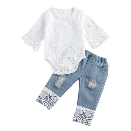 

Toddler Kids Girl Long Sleeve Lace Romper+ LongJeans Pants Outfits