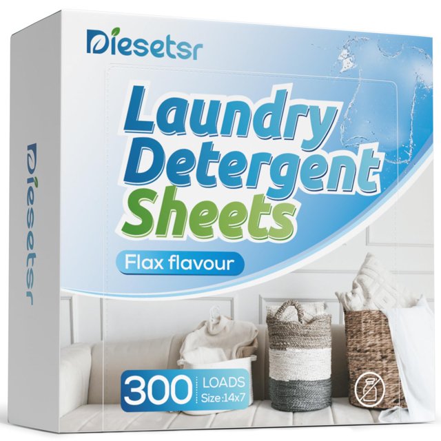 detergente para ropa dieseter 300 unidades sabor lino caja frontal centrada con diseño azul y texto 'Laundry Detergent Sheets', logotipo Diesetsr arriba, sello '300 loads' y tamaño indicado; escena de fondo con canastas tejidas y sábanas; hojas portátiles adecuadas para viaje o camping.