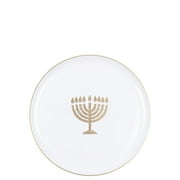 EcoQuality 6.3" inch Round Plastic Plates White Hanukkah Dessert Plates with Gold Glitter Stamp Chanukah Menorah Design Hanukkah Party Disposable Salad China Like (30 Pack)