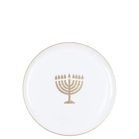 EcoQuality 6.3" inch Round Plastic Plates White Hanukkah Dessert Plates with Gold Glitter Stamp Chanukah Menorah Design Hanukkah Party Disposable Salad China Like (30 Pack)