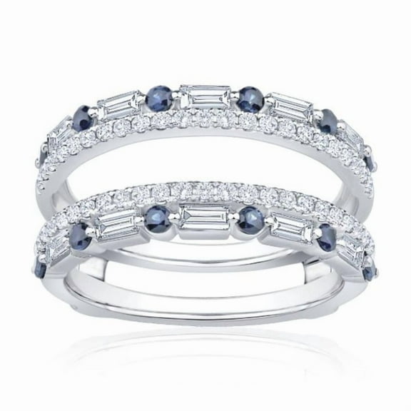 Baguette White CZ & Round Blue Sapphire Ring Guard in 925 Sterling Silver – Double Band Enhancer Wedding Jacket for Women – Unique Bridal Chevron Wrap