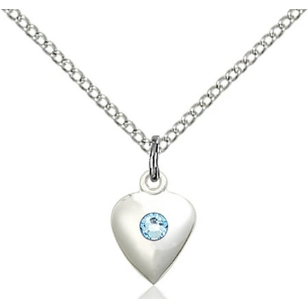 Sterling Silver Faith Hope & Charity Pendant with 3mm March Blue Swarovski Crystal 1 3/8 x 1 5/8 inches with Lite Curb