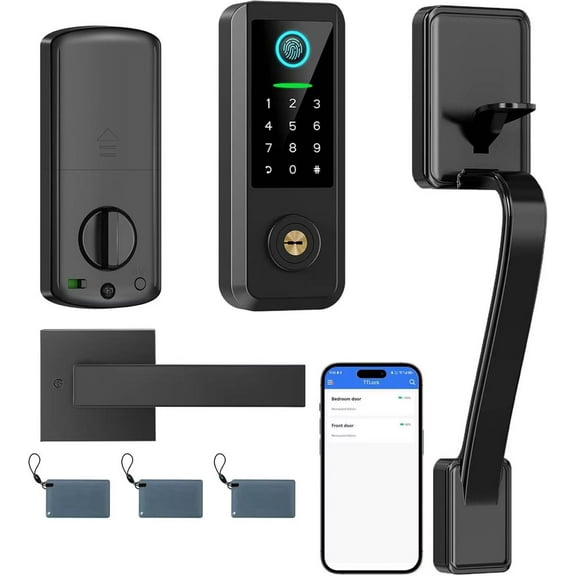 Smart Keyless Entry Door Lock with Handle – Bluetooth Front Door Deadbolt with Fingerprint, App & Keypad Control, Alexa Compatible, Matte Black