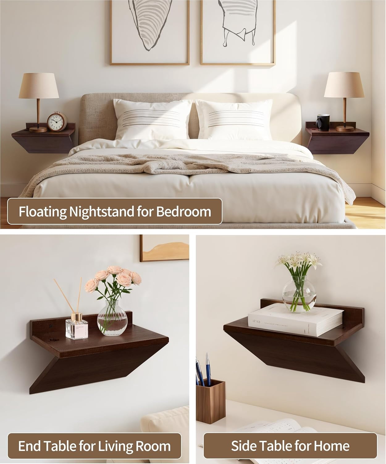 Gronda Floating Nightstand Set of 2,Space Saving Wall Mounted Bedside Table with Cable Hole,Walnut Wood Small Hanging Nightstands for Bedroom Apartment
