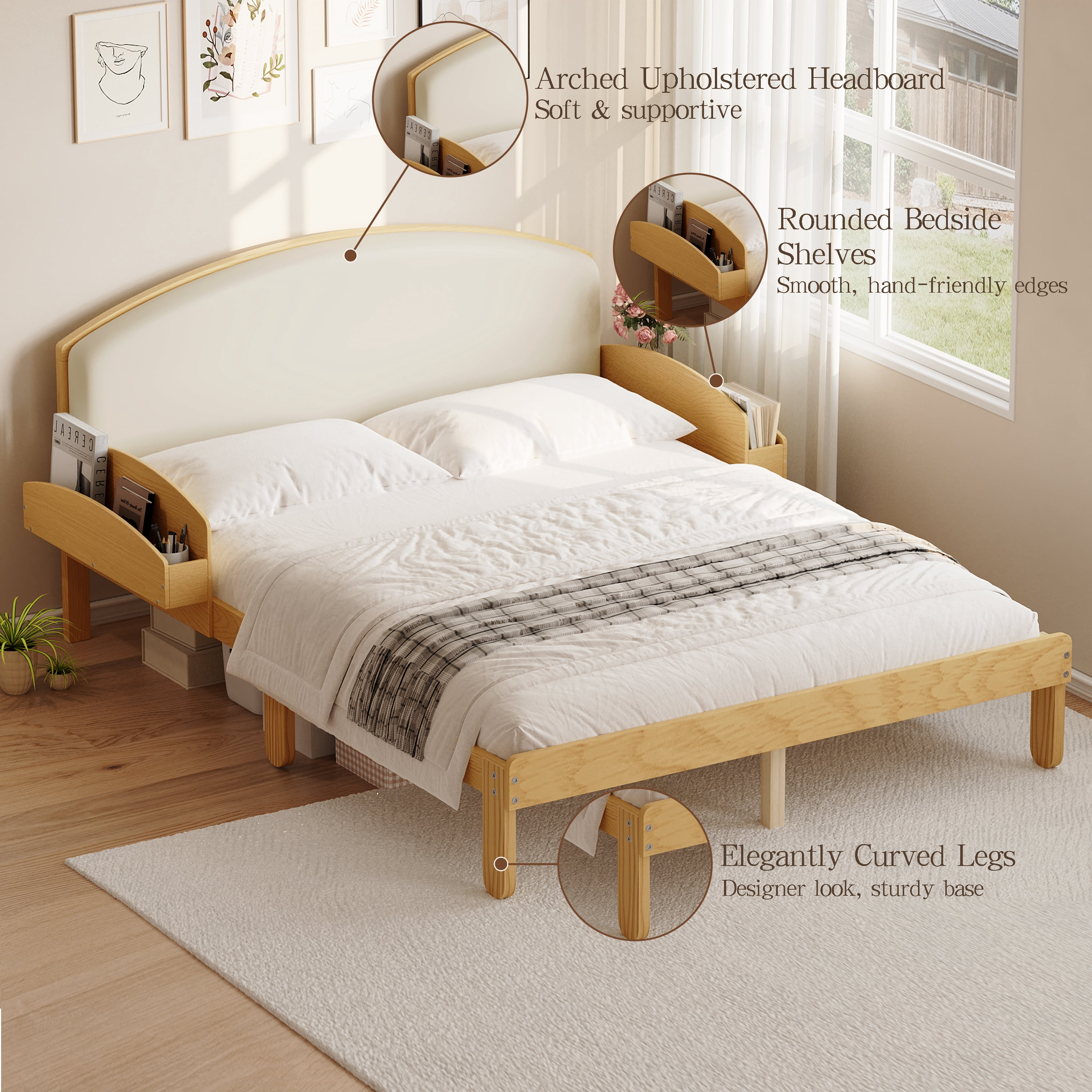 Euroco Full Size Platform Bed with Upholstery Headboard, Wood Bed Frame with Storage Shelves, No Box Spring Needed, Natural