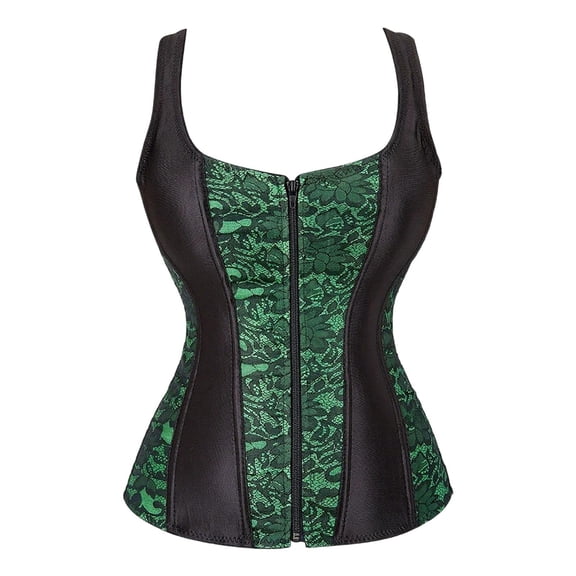 Women's Lace up Gothic Jacquard Shoulder Straps Tank Overbust Bodyshaper Corset Bustiers Top, Green Size L