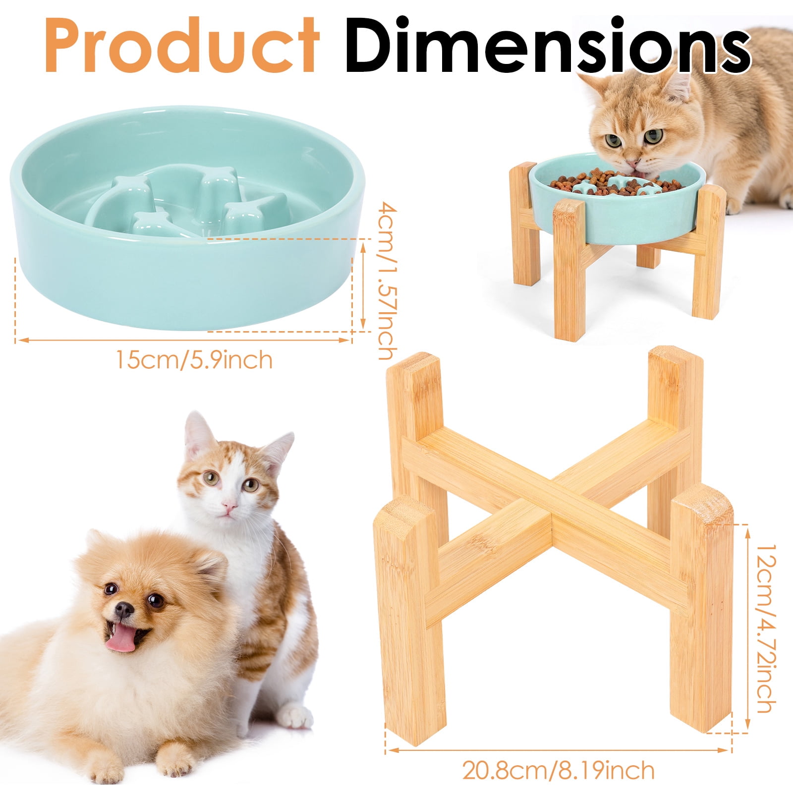 Threns Ceramic Slow Feeder Bowl, Slow Feeding Food Dish with Bamboo Stand for Dogs Cats, Anti-Gulping, Stop Bloat, Preventing Choking