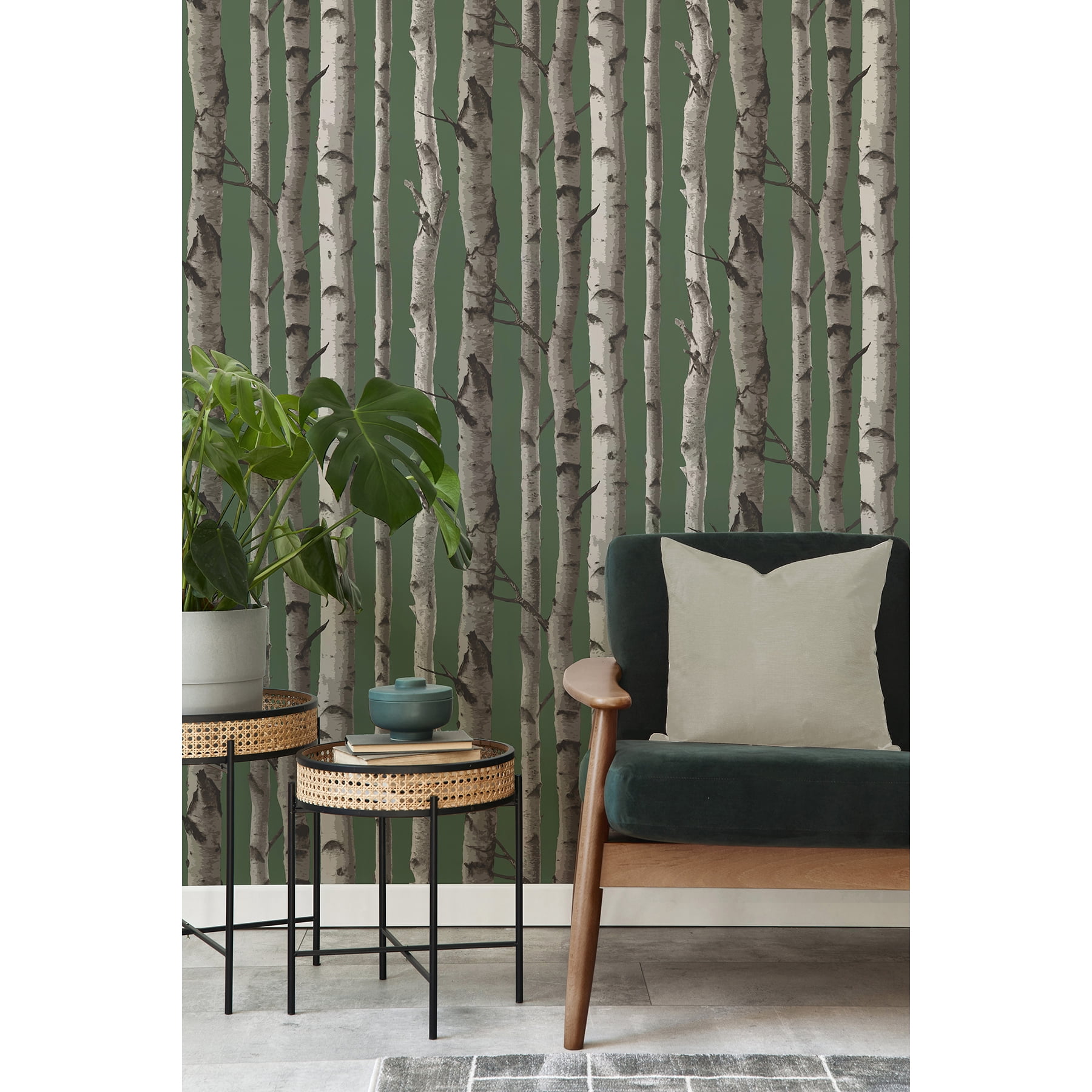 Fine Decor Chester Dark Green Birch Trees Wallpaper, 20.5-in by 33-ft
