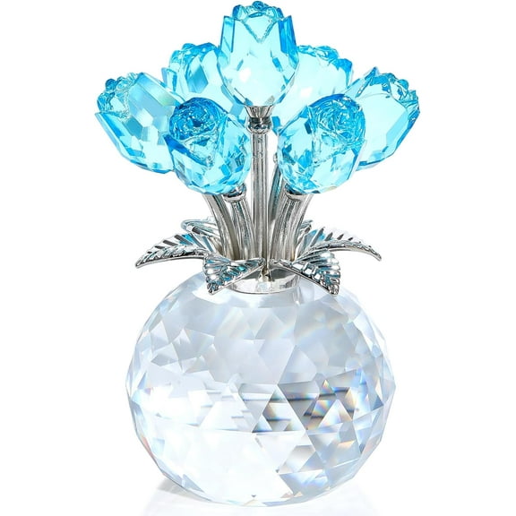 Crystal Colorful Rose Flower Collectible Figurine with Vase, 7-Color K9 Glass Flower for Mother's Day, Valentine's Day, Anniversary, Romantic Home Decor Gift