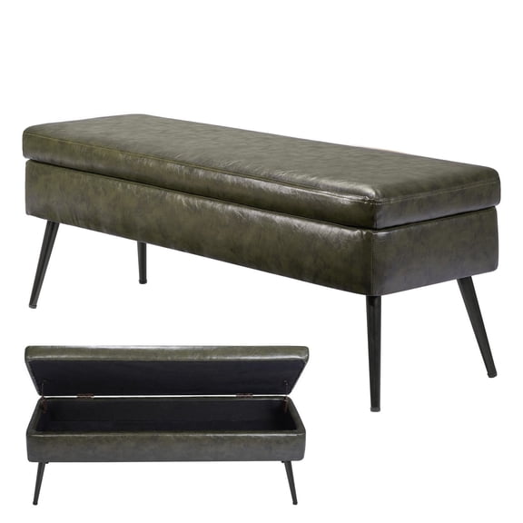 Modern Green PU Leather Storage Ottoman Bench with Metal Legs,Upholstered Entryway Shoe Bench for Living Room,Bedroom,Hallway,and Dining Room.