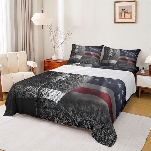 Feelyou 3D Rugby Print Twin Sheet Sets for Kids, Vintage American Flag Twin Fitted Sheet, Modern Football Soccer Lover Flat Sheet, Breathable Home Decor, 3-Piece