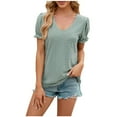 thumbnail image 4 of WREESH Elegant Puff Sleeve Eyelet Blouse Women's Dressy Casual Summer Tops in Solid Color Green, 4 of 6