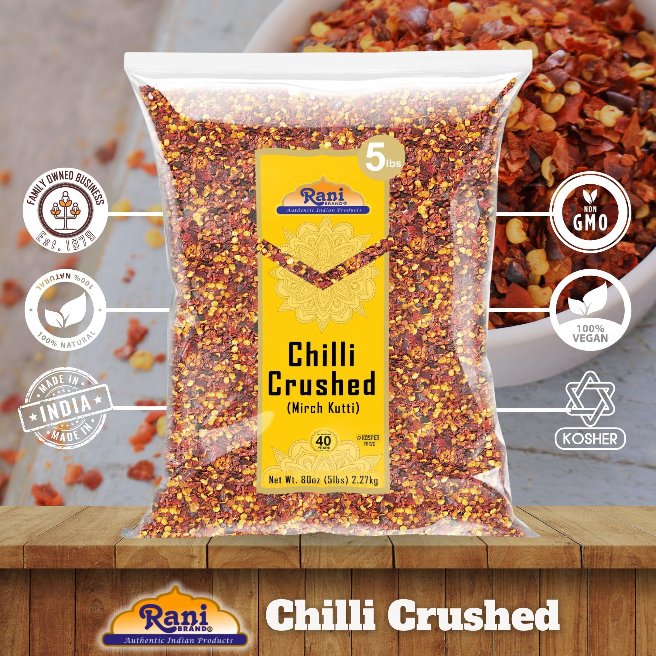 Rani Crushed Red Pepper Flakes Chilli (Pizza Type Cut) 80oz (5lbs) 2.27kg Bulk ~ All Natural, No Color added, Gluten Friendly | Vegan | NON-GMO | Kosher | No Salt or fillers