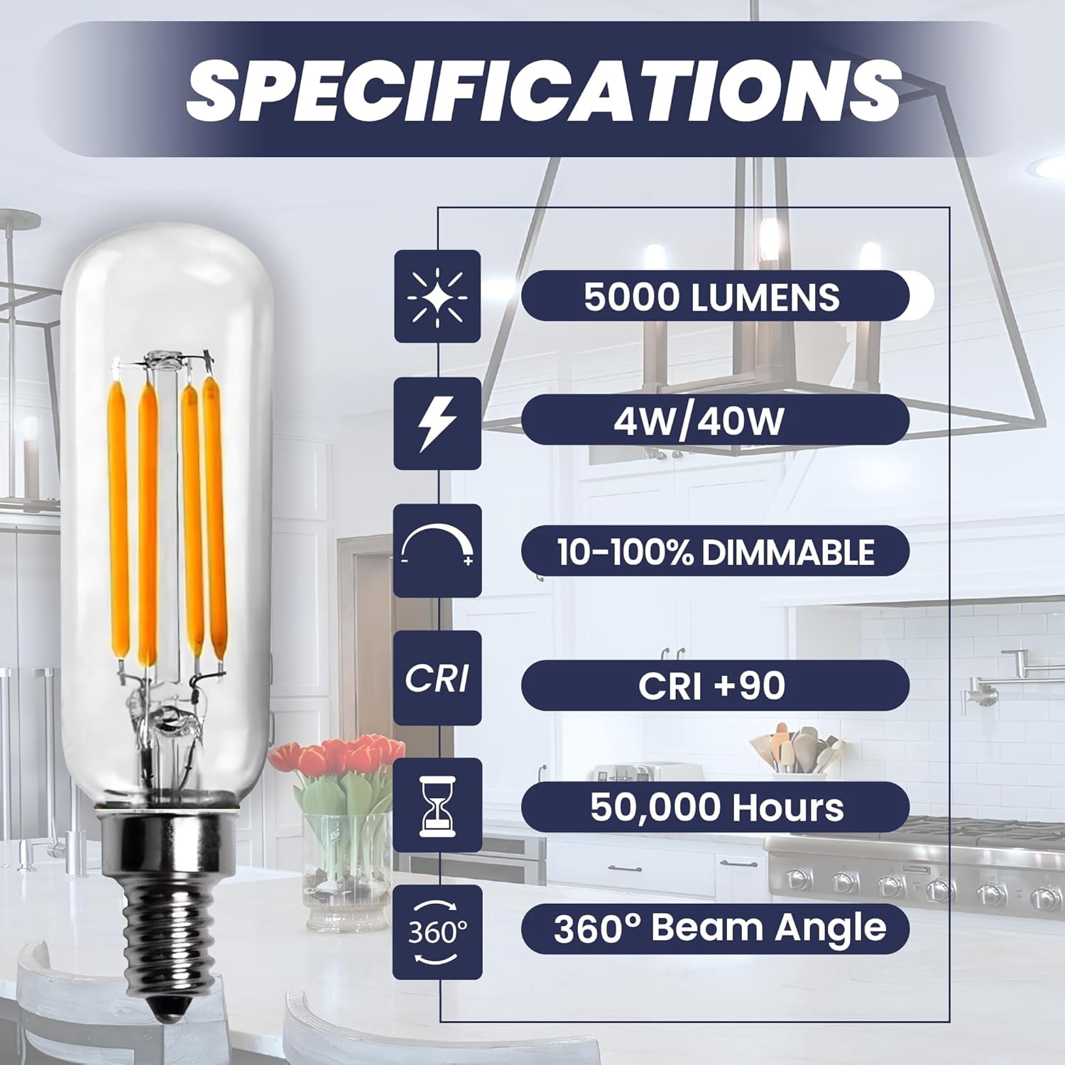 Led T25 Led Filament Candle Light Bulb, 6watt = 60watt, Clear Filament, Warm White 2700k, T25, Base E12, 600lm, CRI90, Dimmable (4-Pack)
