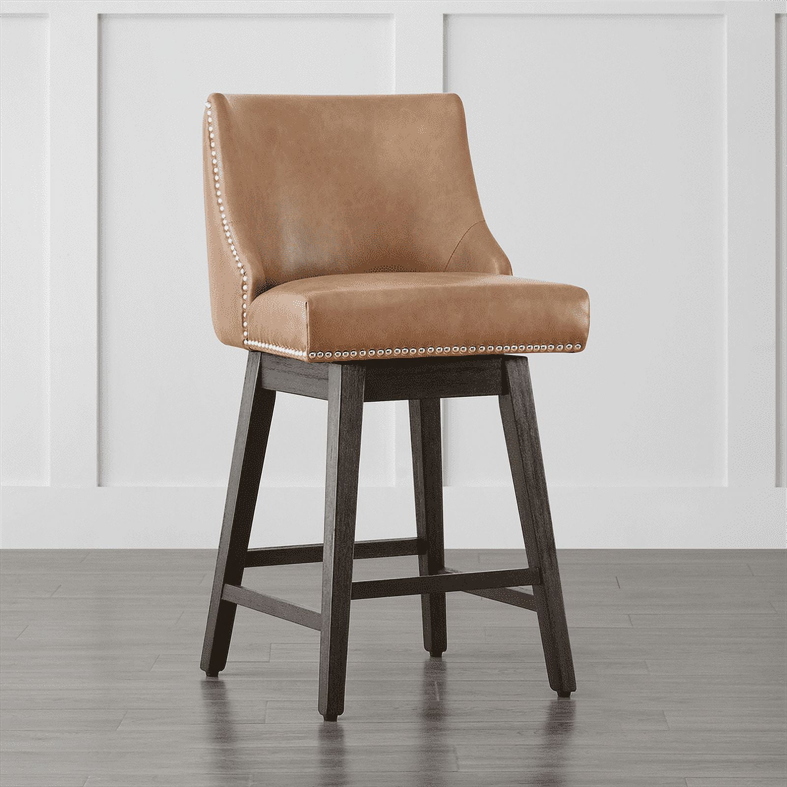 CHITA 26 inch Swivel Upholstered Counter Height Bar Stools with Full Back Set of 3,Faux Leather in Cognac Brown