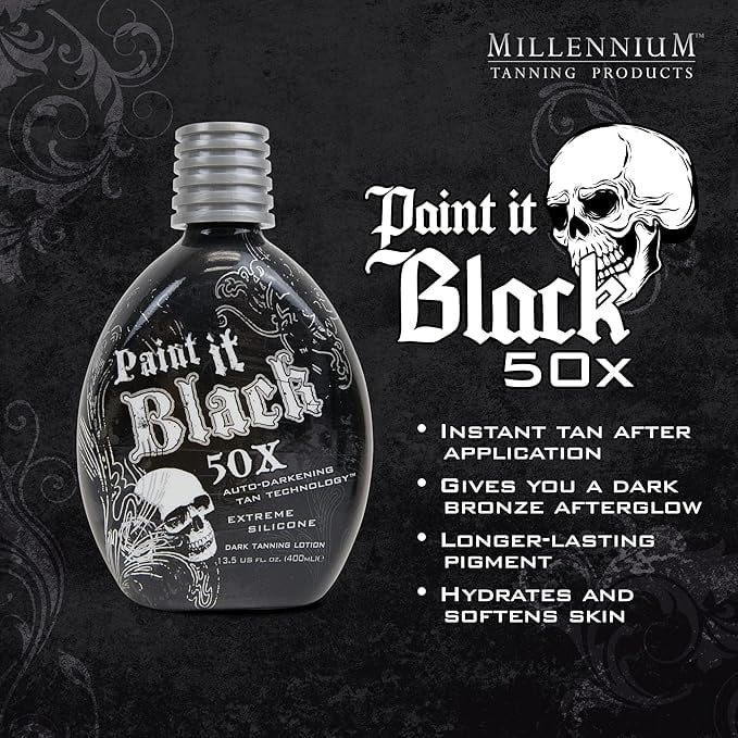 Millennium Tanning PAINT IT BLACK 50X - Extreme Dark Tanning Lotion Bronzer Accelerator - For Indoor Tanning Beds and Outdoor Sun Tan - Safe for Face, Body and Tattoos 13.5 fl oz