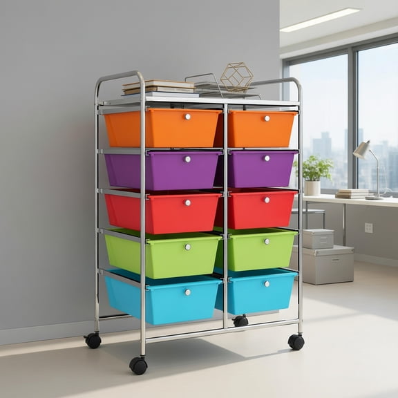 Topcobe 10-Drawer Rolling Storage Cart, Rolling Carts with Wheels for Kitchen, Living Room, Deep Multicolor