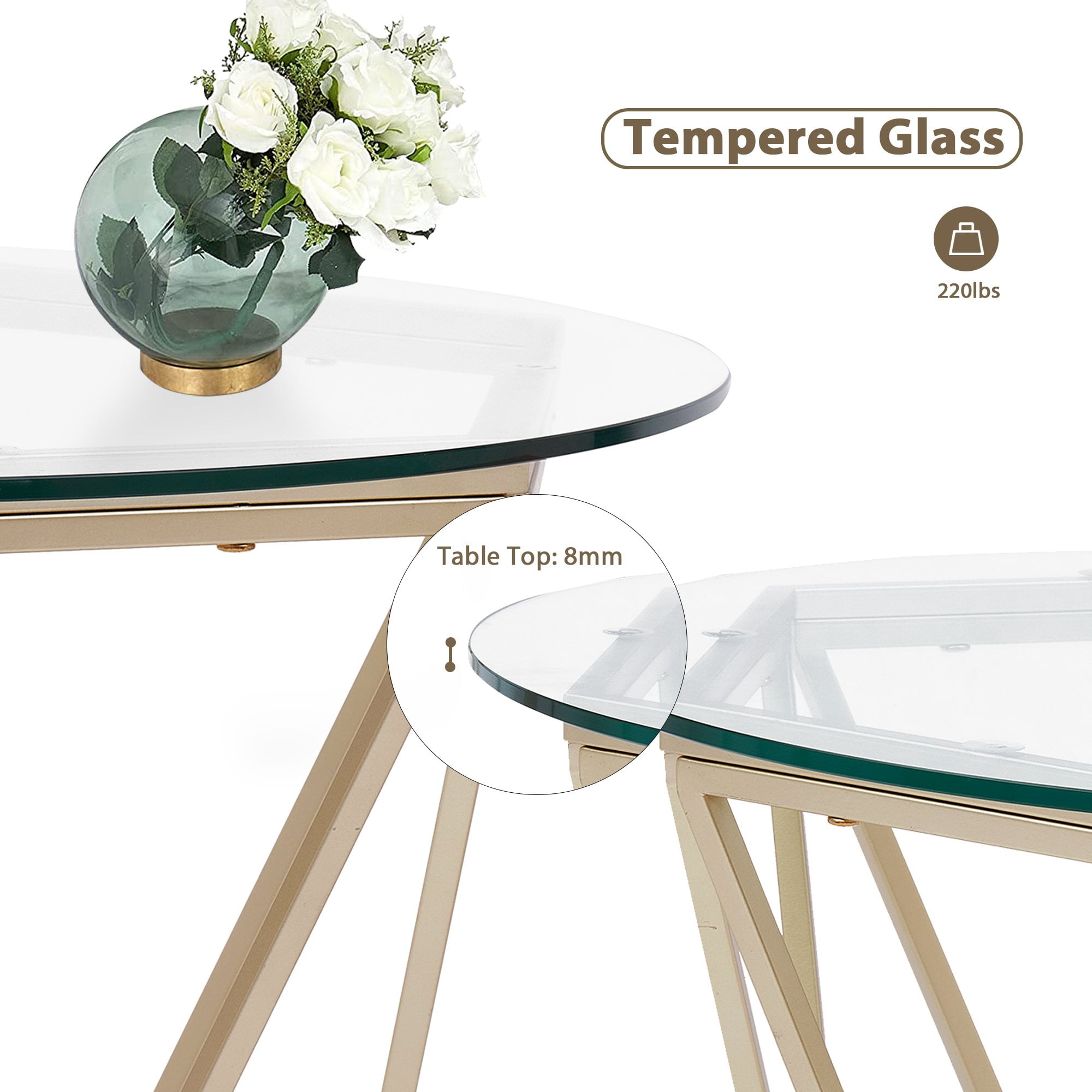 Ivinta Round Nesting Coffee Table Set of 2 31.5 and 23.6 inch Accent Tea Tables with Gold Metal Frame Legs Modern Tempered Glass Coffee Tables for Living Room Clear, Glass